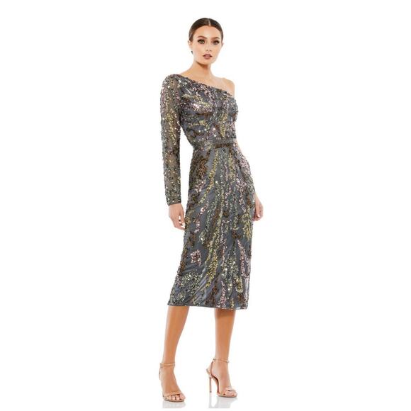 Mac Duggal Dresses & Skirts - Mac Duggal One Shoulder Sequin Beaded Dress Charcoal Multicolor Size 4 NWT